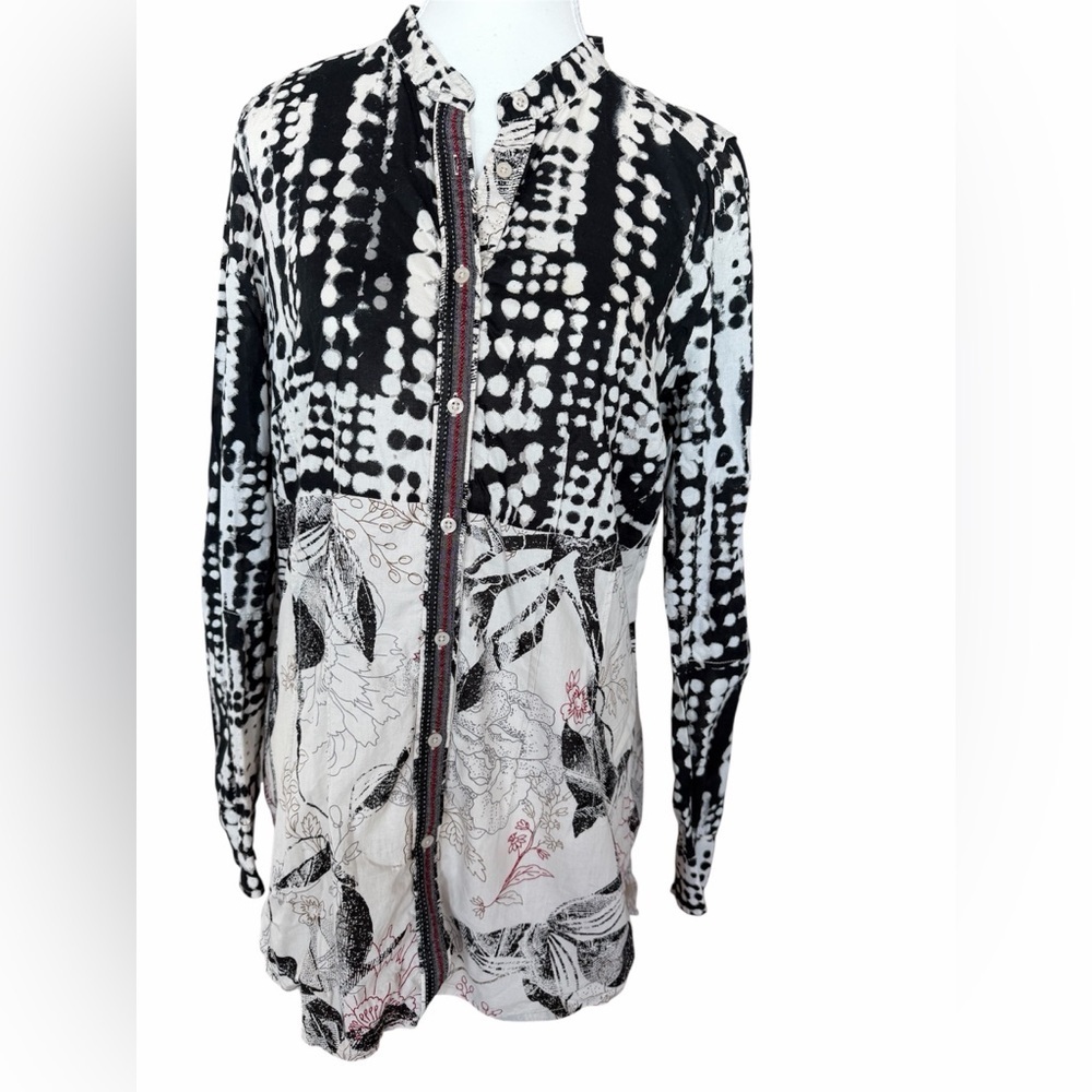 Sandwich_ Mixed Print Cotton Button Front Blouse Mandarin Collar Size 42